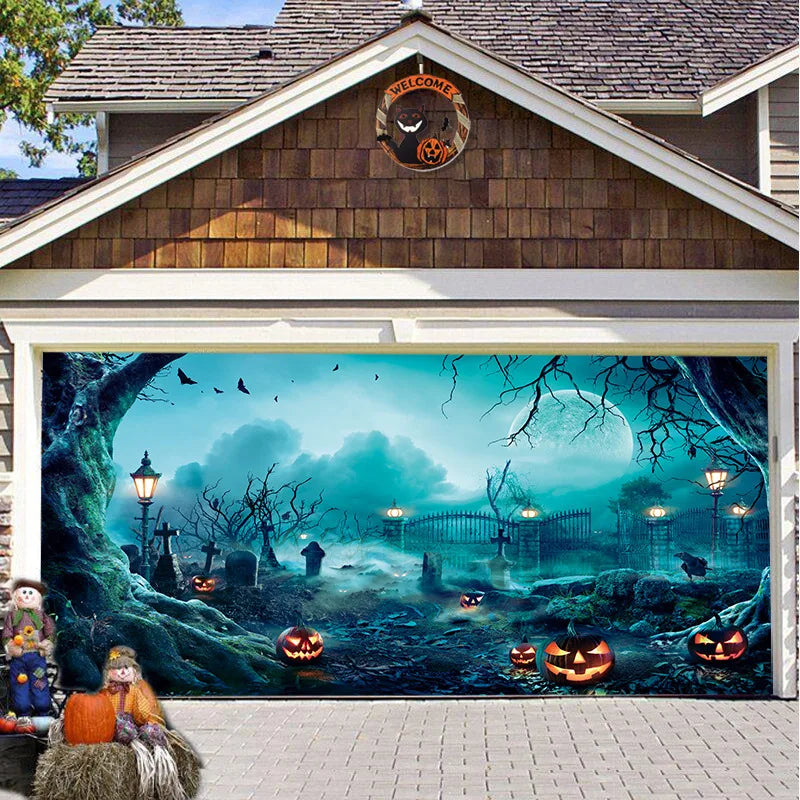 Spooky Halloween Garage Door Banner-Large Outdoor Decoration Perfect for Party Backdrops & Holiday Celebrations No Power Needed