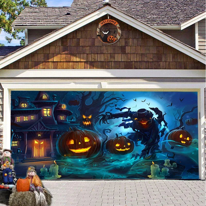 Spooky Halloween Garage Door Banner-Large Outdoor Decoration Perfect for Party Backdrops & Holiday Celebrations No Power Needed